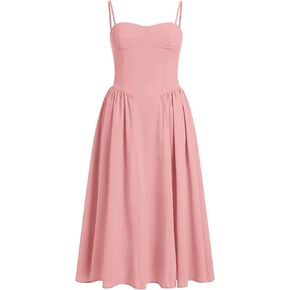 Women Floral Corset Dress Boho Spaghetti Strap Lace Up Casual Midi Dresses with Pockets Low Cut Flowy Bustier Sundress