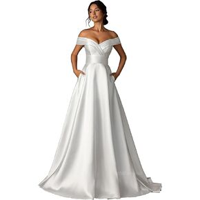 Woman Wedding Dress with Pockets，Off-Shoulder Bride Wedding Dress Shiny Satin Elegant Royal Style Simple Wedding Gown