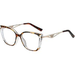 Tortoise & Clear Acetate Cat-Eye Blue Light Blocking Glasses - Geometric Metal Temples with Art Deco Accents, Screen Protection for Work/Gaming, Fashion-Forward Eyewear Accessories (Unisex)