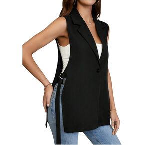 MakeMeChic Women's Knot Side Sleeveless Vest Blazer Lapel Button Elegant Work Jackets