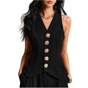 GORGLITTER Women's Metal Flower Blazer Vest Sleeveless V Neck Fashion Vests Top Business Casual Work Tops