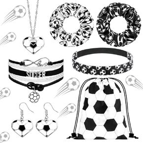 MTLEE 7 Pcs Soccer Gifts Set for Women Soccer Drawstring Bags Necklace Bracelet Headband Earrings Scrunchies for Women Birthday Sports Lover Coach Team Party Favors