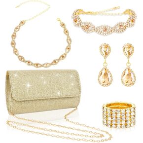 5 Pieces Clutch Purse Rhinestone Jewelry Sets for Women Prom Necklace Earrings Bracelet Ring Bling Glitter Purse Formal Jewelry for Women Evening Wear