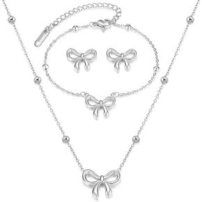 Bow Necklace Bracelet Jewelry Set for Women Gold Bowknot Pendant Choker Necklace Silver Adjustable Chain Crystal Bow Bracelet Wedding Bridesmaid Prom Party Jewelry Gift