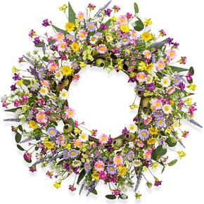 22 Inches Summer Wreaths for Front Door Rustic Spring Floral Wreath Summer Door Wreaths Wildflower Wreath with Lavender Daisy for Indoors Windows Porch Wall Outside