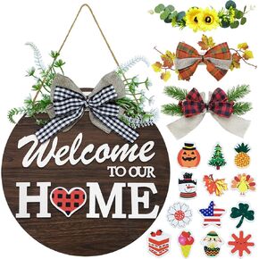 Interchangeable Welcome Sign for Front Door with 4 Seasonal Wreaths and 14 Changeable Icons, Home Porch Decor for Outdoor, Farmhouse, Wooden Wall Sign Perfect for New Home Housewarming Gift