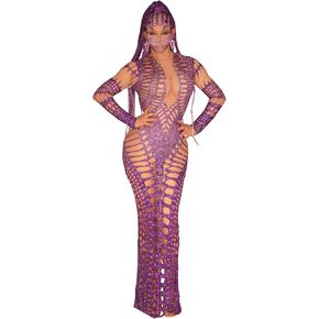 Fashion Purple Long Dress Sparkle Rhinestones Sexy Cut-Out Dress Dance Birthday Party Club Drag Queen Singer Festival Outfit