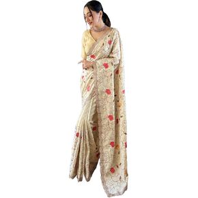 Tussar silk sarees with embroidery, floral design and cutwork on the border with unstitched blouse