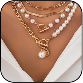 Gold Pearl Necklace for Women Gold Layered Necklaces Chunky Statement Stackable Necklaces Trendy Necklaces for Women 2025