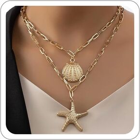 Gold Shell Charm Necklace for Women,Layered Gold Seashell Starfish Necklaces Boho Surfer Beach Necklaces Dainty Summer Vacation Jewelry Costume Accessories