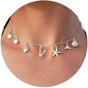 Charm Initial Necklaces for Women Trendy Sterling Silver Beach Shell Bubble Letter Necklace Starfish Pendant Necklace Chunky Choker Seashell Necklace Personalized Costume Monogram Name Boho Summer Jewelry for Women Gifts in Kuwait