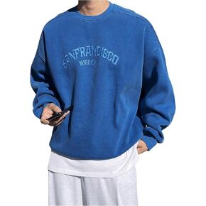 Men's Letter Embroidery Sweatshirts Crew Neck Long Sleeve Pullover Baggy Fall Tops