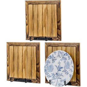 MyGift Wall Plate Display Holders, Rustic Burnt Solid Wood and Industrial Black Metal Wire Photo Frame Designed Plate Racks Platter Holders, Fits 8 to 10 Inch Plates, Set of 3