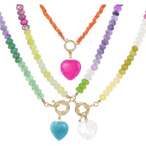 3Pcs Multi-Color Beaded Necklace for Women, Handmade Natural Stone Heart Charms Necklace Set Colorful Beads Multilayer Necklace Jewelry Present for Lovers