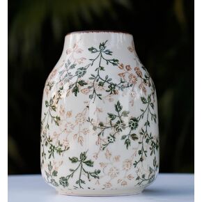 Vintage Green Ceramic Decorative Floral Vase for Flower Bouquet centerpieces Beige Ice Glazed Crack Farmhouse Rustic for Home Decor, Living Room, Shelf, Office, Table 7.7 Inches with Vine Pattern