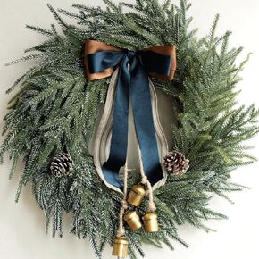 Christmas Decorations - 18 Inch Norfolk Pine Wreath with Bells and Ribbon - Artificial Pine Greenery Wreath for Home Table Wall Window Indoor Outdoor Outside Decoration
