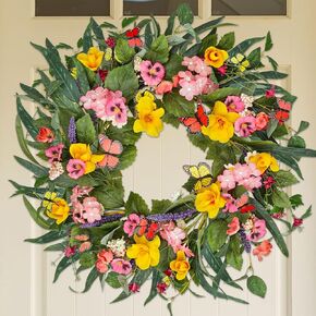 20" Colorful Pansy Spring Summer Wreath with Impatiens Hawkeri and Butterfly, Artificial Green Floral Wreath for Front Door Outside Home Wall Wedding Farmhouse Holiday Outdoor Indoor Décor
