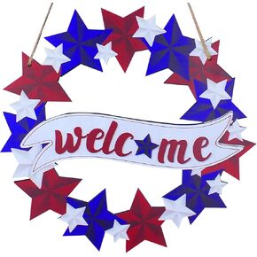 Oeyliz July 4th Wreath Patriotic Memorial Day Wooden Patriotic Wreath Memorial Day Fourth of July Door Decorations Front Door Welcome Sign Hanging Decor Porch Home Wall Outside Decor