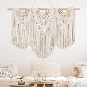 Newwiee 43" x 32" Large Macrame Wall Hanging with Rod Boho Decor Woven Tapestry Wall Art Bohemian Decor Tassel Macrame Curtains for Home Living Room Wedding Apartment Decoration (Classic Style)