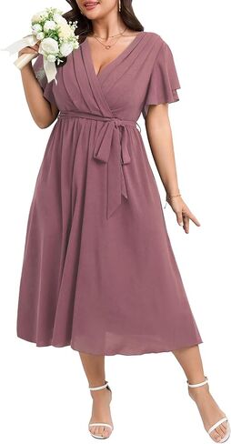 Womens Plus Size Dress Wedding Guest Cocktail Pleated V Neck Wrap V Neck Flowy A Line Midi Dresses with Belt in Saudi Arabia