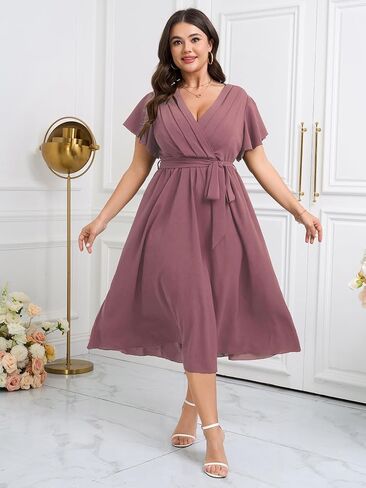 Womens Plus Size Dress Wedding Guest Cocktail Pleated V Neck Wrap V Neck Flowy A Line Midi Dresses with Belt in Saudi Arabia