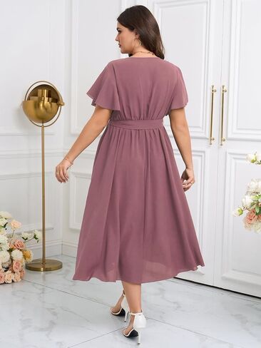 Womens Plus Size Dress Wedding Guest Cocktail Pleated V Neck Wrap V Neck Flowy A Line Midi Dresses with Belt in Saudi Arabia