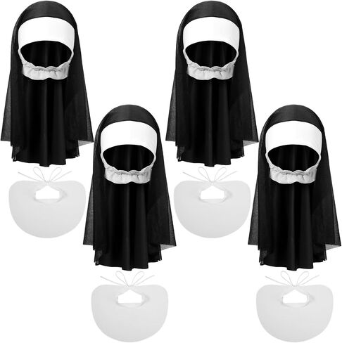 Jiuguva 4 Pieces Halloween Nun Costume Set Includes 2 Nun Hat and 2 Nun Collar Women's Nun's Kit with Headpiece, Black and White in Saudi Arabia