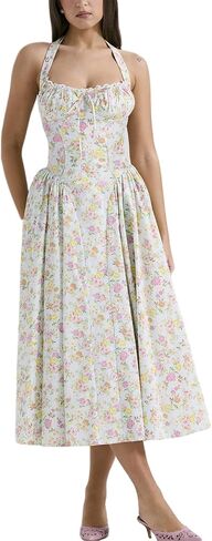 Women Floral Corset Dress Halter Neck Low Cut Bustier Lace Midi Dress Flowy Pleated Hem Long Sundress with Pockets in Kuwait