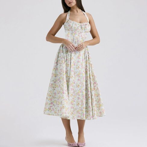 Women Floral Corset Dress Halter Neck Low Cut Bustier Lace Midi Dress Flowy Pleated Hem Long Sundress with Pockets in Kuwait