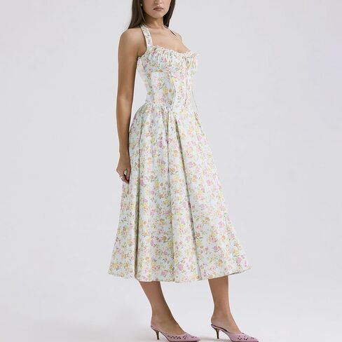 Women Floral Corset Dress Halter Neck Low Cut Bustier Lace Midi Dress Flowy Pleated Hem Long Sundress with Pockets in Kuwait