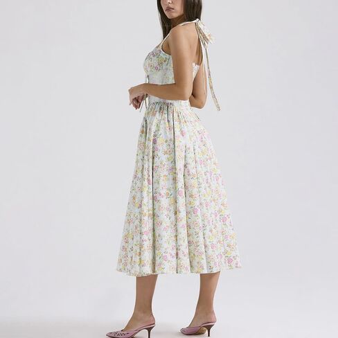 Women Floral Corset Dress Halter Neck Low Cut Bustier Lace Midi Dress Flowy Pleated Hem Long Sundress with Pockets in Kuwait
