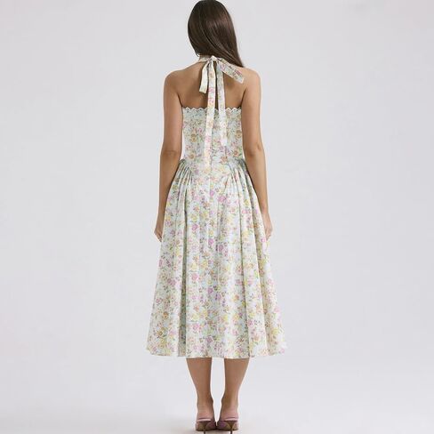 Women Floral Corset Dress Halter Neck Low Cut Bustier Lace Midi Dress Flowy Pleated Hem Long Sundress with Pockets in Kuwait