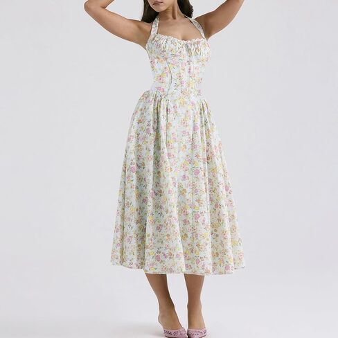 Women Floral Corset Dress Halter Neck Low Cut Bustier Lace Midi Dress Flowy Pleated Hem Long Sundress with Pockets in Kuwait