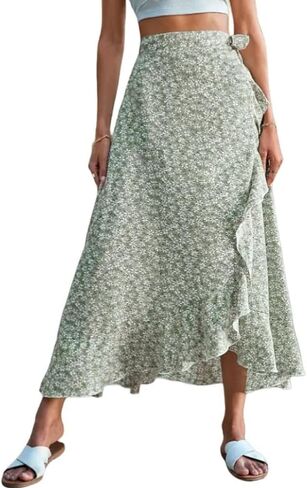 Boho Floral Maxi Skirt for Women, High Waisted Wrap Ruffle Hem Long Skirt Summer Beach Vacation Outfits in Saudi Arabia