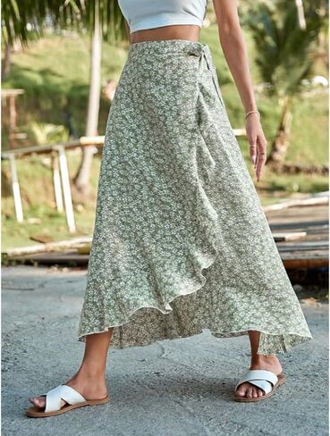 Boho Floral Maxi Skirt for Women, High Waisted Wrap Ruffle Hem Long Skirt Summer Beach Vacation Outfits in Saudi Arabia