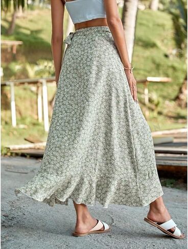 Boho Floral Maxi Skirt for Women, High Waisted Wrap Ruffle Hem Long Skirt Summer Beach Vacation Outfits in Saudi Arabia