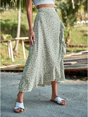Boho Floral Maxi Skirt for Women, High Waisted Wrap Ruffle Hem Long Skirt Summer Beach Vacation Outfits in Saudi Arabia