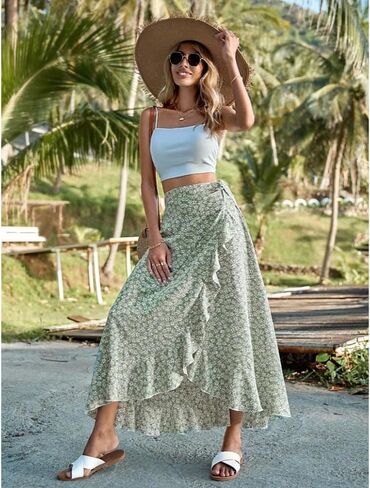 Boho Floral Maxi Skirt for Women, High Waisted Wrap Ruffle Hem Long Skirt Summer Beach Vacation Outfits in Saudi Arabia