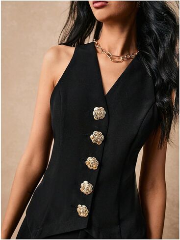GORGLITTER Women's Metal Flower Blazer Vest Sleeveless V Neck Fashion Vests Top Business Casual Work Tops in Saudi Arabia