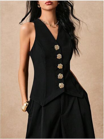 GORGLITTER Women's Metal Flower Blazer Vest Sleeveless V Neck Fashion Vests Top Business Casual Work Tops in Saudi Arabia