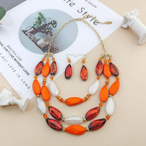 Bocar 3 Layer Beads Statement Necklace Earring for Women Jewelry Set in Saudi Arabia