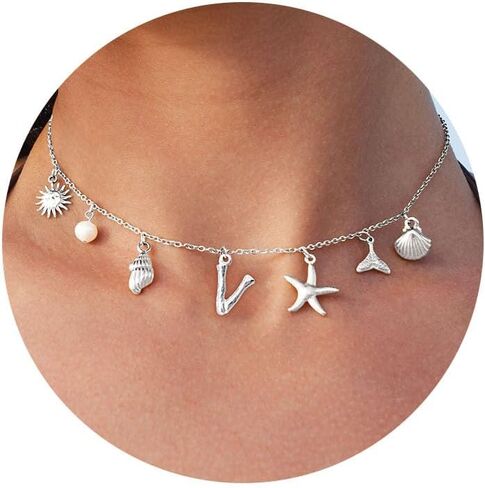 Charm Initial Necklaces for Women Trendy Sterling Silver Beach Shell Bubble Letter Necklace Starfish Pendant Necklace Chunky Choker Seashell Necklace Personalized Costume Monogram Name Boho Summer Jewelry for Women Gifts in Kuwait