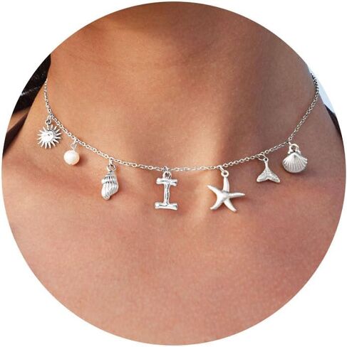 Charm Initial Necklaces for Women Trendy Sterling Silver Beach Shell Bubble Letter Necklace Starfish Pendant Necklace Chunky Choker Seashell Necklace Personalized Costume Monogram Name Boho Summer Jewelry for Women Gifts in Saudi Arabia