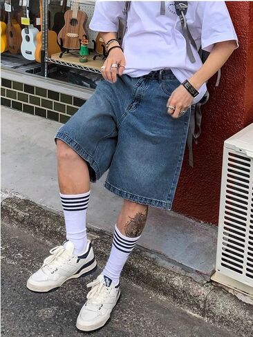 Mens Baggy Jean Shorts Loose Fit Vintage Wide Leg Jorts Y2K Streetwear Hip Hop Casual Denim Shorts in Kuwait