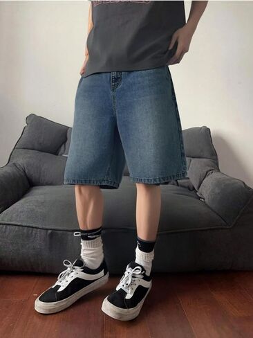Mens Baggy Jean Shorts Loose Fit Vintage Wide Leg Jorts Y2K Streetwear Hip Hop Casual Denim Shorts in Kuwait