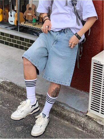Mens Baggy Jean Shorts Loose Fit Vintage Wide Leg Jorts Y2K Streetwear Hip Hop Casual Denim Shorts in Kuwait