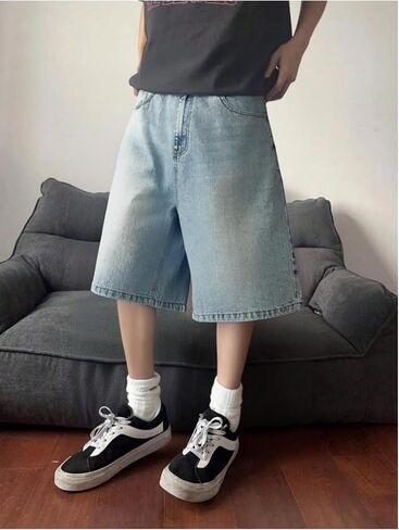 Mens Baggy Jean Shorts Loose Fit Vintage Wide Leg Jorts Y2K Streetwear Hip Hop Casual Denim Shorts in Kuwait