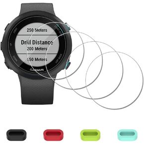 [4 عبوات] واقي شاشة لساعة Garmin Swim 2 للسباحة الذكية + سدادات سيليكون مضادة للغبار من الزجاج المقسى المضاد للخدش وخالي من الفقاعات