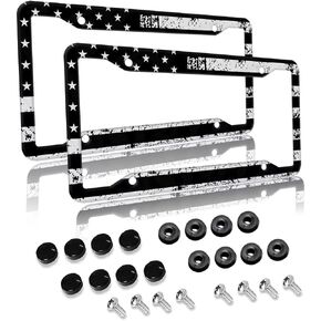 American Flag License Plate Frame for Women and Men 2 Pcs Personalise Aluminum Car License Plate Cover Black Patriotic Flag License Plate Holder 4 Hole Standard USA Auto Tag Frame
