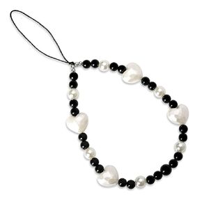 Heart Phone Charm Beaded Phone Lanyard Wrist Strap Bead Chain for Phone Case Phone Charms for Women Girls Anti Lost Phone Strap Heart Phone Chain Black and White Beaded Phone Charm Accessory